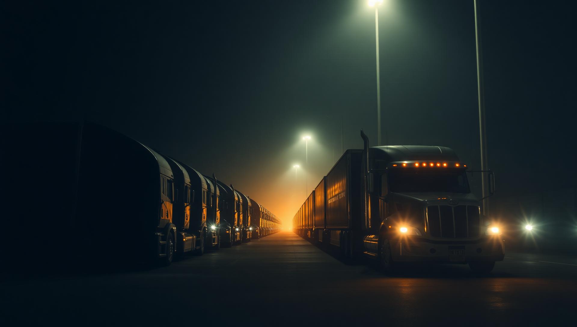 Trucking fleet at night